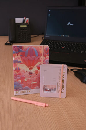 2 Adet Ajanda Çizgili Not Defteri-Uçlu Kalem Hediyeli Pembe Balon A5-A6