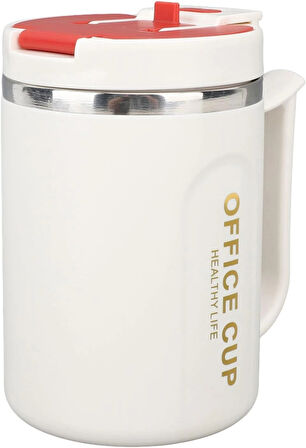 Paslanmaz Çelik Sızdırmaz Kaşıklı Kahve Termosu 500 ML Beyaz-Kırmızı Kapaklı İthal Ürün