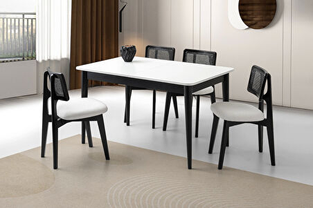 Fidan Beyaz Ahşap Salon Yemek Masa Sandalye Takımı 4 Kuzey Sandalyeli Ortadan Açılır Büyüyen 90x140cm