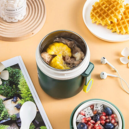 Paslanmaz Çelik Sızdırmaz Kaşıklı Saklama Kabı Beslenme Kabı 780 ML Yeşil İthal Ürün