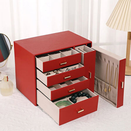 Dışı Deri İçi Kadife 6 Çekmeceli Takı Bijuteri Mücevher Kutusu Organizer Düzenleyici Kırmızı İthal Ürün