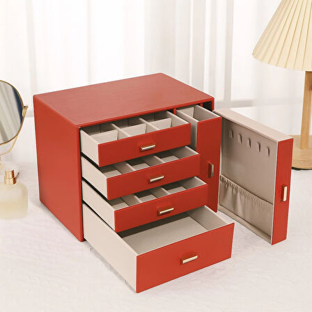 Dışı Deri İçi Kadife 6 Çekmeceli Takı Bijuteri Mücevher Kutusu Organizer Düzenleyici Kırmızı İthal Ürün