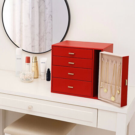 Dışı Deri İçi Kadife 6 Çekmeceli Takı Bijuteri Mücevher Kutusu Organizer Düzenleyici Kırmızı İthal Ürün