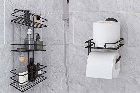 Banyo Köşe Rafı 3 Katlı Siyah Şampuanlık -Tuvalet Kağıtlığı Siyah 2 li Set Vidalı