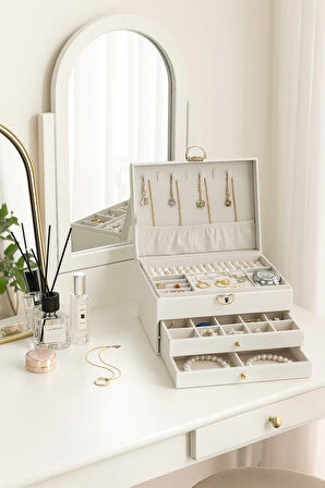 Dışı Deri İçi Kadife Kilitli 2 Çekmeceli Takı Bijuteri Mücevher Kutusu Organizer Düzenleyici Beyaz İthal Ürün