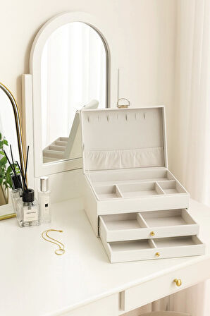 Dışı Deri İçi Kadife Kilitli 2 Çekmeceli Takı Bijuteri Mücevher Kutusu Organizer Düzenleyici Beyaz İthal Ürün