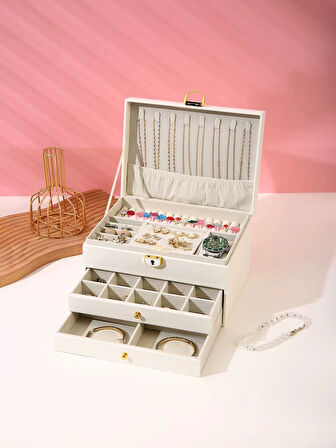 Dışı Deri İçi Kadife Kilitli 2 Çekmeceli Takı Bijuteri Mücevher Kutusu Organizer Düzenleyici Beyaz İthal Ürün