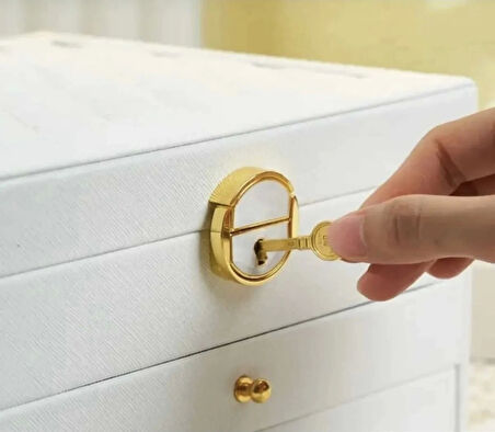 Dışı Deri İçi Kadife Kilitli 2 Çekmeceli Takı Bijuteri Mücevher Kutusu Organizer Düzenleyici Beyaz İthal Ürün