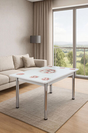 Yandan Açılır Büyüyen Cam Mutfak Masası Pembe Bahar Orkide 60x90cm