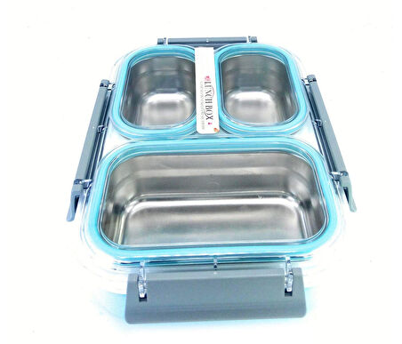 3 Bölmeli Paslanmaz Çelik Sızdırmaz Saklama Kabı Beslenme Kabı 1,2 Lt. Mavi İthal Ürün