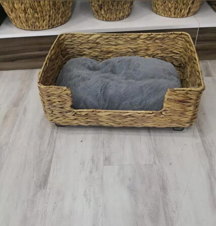 Dekoratif Dikdörtgen Hasır Kedi Köpek Yatagı Sepet 50x40x20cm
