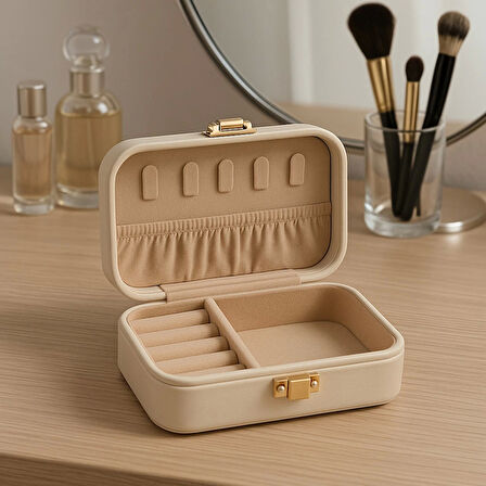 Deri Midi Seyahat Takı Bijuteri Mücevher Kutusu Organizer Düzenleyici 12cm Krem İthal Ürün