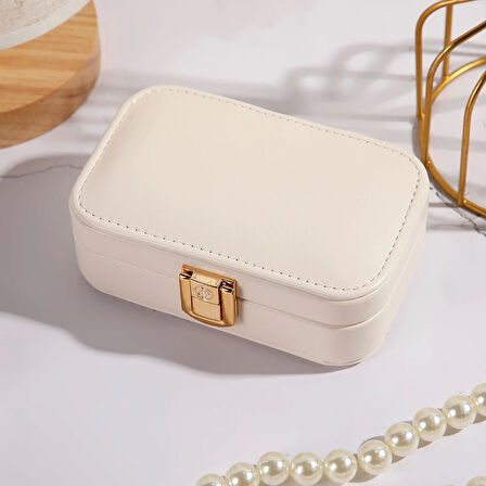 Deri Midi Seyahat Takı Bijuteri Mücevher Kutusu Organizer Düzenleyici 12cm Krem İthal Ürün