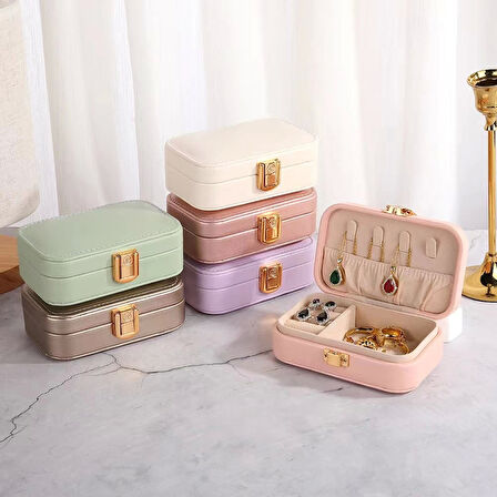 Deri Midi Seyahat Takı Bijuteri Mücevher Kutusu Organizer Düzenleyici 12cm Krem İthal Ürün