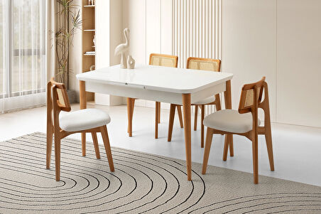 Ortadan Açılır Büyüyen 80x130cm Beyaz Ahşap Salon Yemek Masa Naturel Sandalye Takımı 4 Sandalyeli