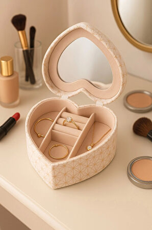 Dekoratif Kadife Takı Bijuteri Mücevher Kutusu Organizer Düzenleyici Krem Kalpli