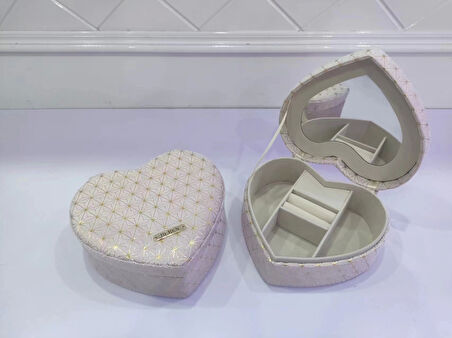 Dekoratif Kadife Takı Bijuteri Mücevher Kutusu Organizer Düzenleyici Krem Kalpli