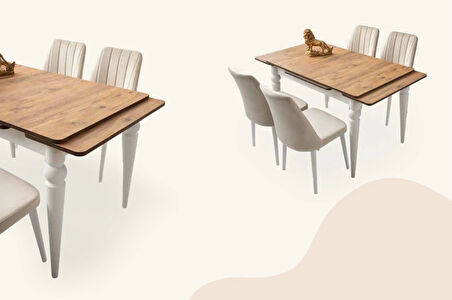 Ahşap Salon Yemek Masa Sandalye Takımı 4 Pınar Sandalyeli Yandan Açılır Büyüyen Beyaz 60x90cm