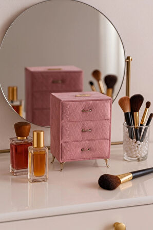 Dekoratif 3 Çekmeceli Kadife Takı Bijuteri Mücevher Kutusu Organizer Düzenleyici Pembe