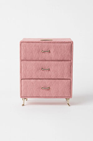 Dekoratif 3 Çekmeceli Kadife Takı Bijuteri Mücevher Kutusu Organizer Düzenleyici Pembe