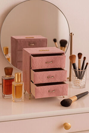 Dekoratif 3 Çekmeceli Kadife Takı Bijuteri Mücevher Kutusu Organizer Düzenleyici Pembe