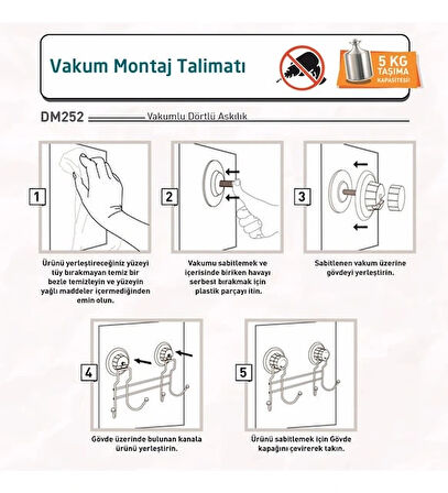 Vakumlu Banyo Havlu Askısı 4 Kancalı Siyah S252