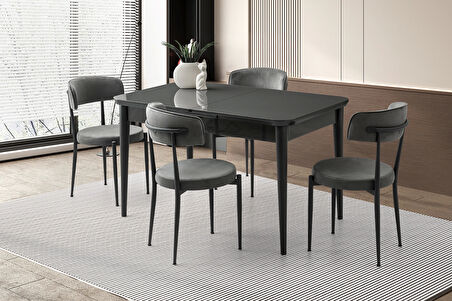 Ortadan Açılır Büyüyen 90x160cm Koyu Gri Ahşap Salon Yemek Masa Gri Gözde Sandalye Takımı 4 Sandalyeli