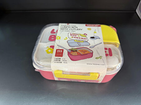 2 Bölmeli Paslanmaz Çelik Sızdırmaz Çatal ve Kaşıklı Saklama Kabı Beslenme Kabı 750 ML Pembe İthal Ürün