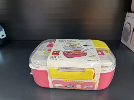 2 Bölmeli Paslanmaz Çelik Sızdırmaz Çatal ve Kaşıklı Saklama Kabı Beslenme Kabı 750 ML Pembe İthal Ürün