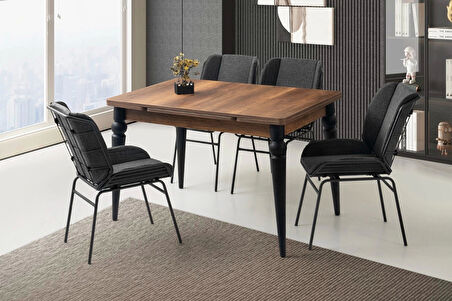 Ahşap Salon Yemek Masa Sandalye Takımı 4 Yonca Sandalyeli Yandan Açılır Büyüyen Ceviz 110x70cm