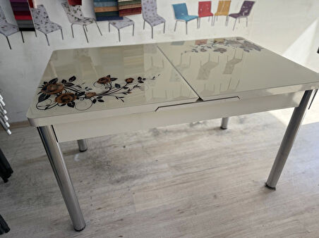 Yanlardan Açılır Büyüyen Kelebek Cam Mutfak Masası 80cm x 130cm Cappicino
