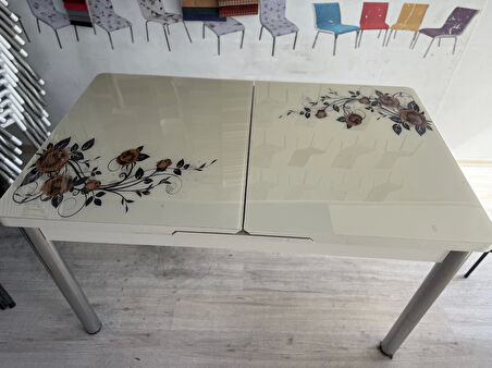 Yanlardan Açılır Büyüyen Kelebek Cam Mutfak Masası 80cm x 130cm Cappicino