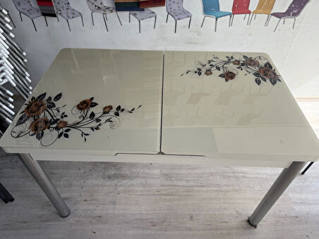 Yanlardan Açılır Büyüyen Kelebek Cam Mutfak Masası 80cm x 130cm Cappicino