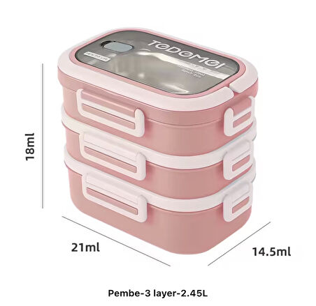 3 Katlı Paslanmaz Çelik Sızdırmaz Saklama Kabı Beslenme Kabı 2,45 Lt. Pembe İthal Ürün