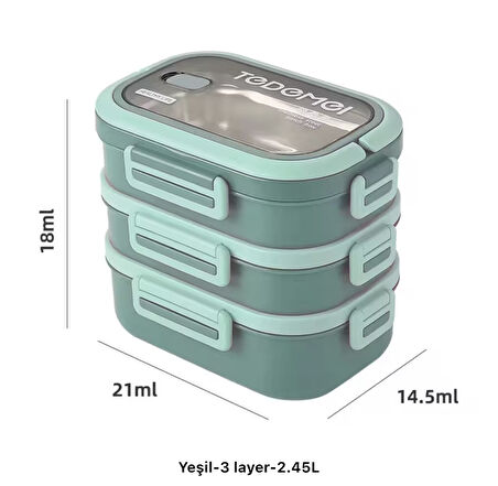 3 Katlı Paslanmaz Çelik Sızdırmaz Saklama Kabı Beslenme Kabı 2,45 Lt. Yeşil İthal Ürün