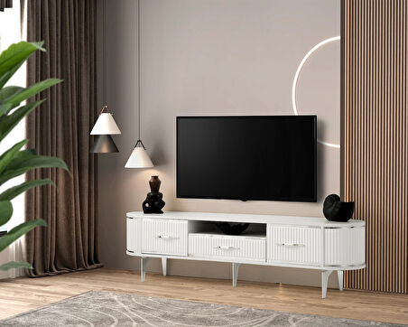 Tv Sehpası 1 Çekmeceli 2 Kapaklı Beyaz-Krom 180cm Kurulu Gönderilir
