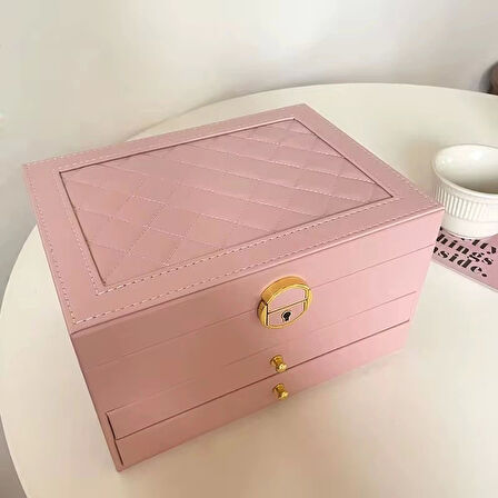Dışı Deri İçi Kadife Kilitli 2 Çekmeceli Takı Bijuteri Mücevher Kutusu Organizer Düzenleyici Pembe İthal Ürün