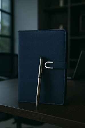 Kumaş Mıknatıs Kapaklı Kalemli Ajanda Günlük Not Defteri Notebook Mavi