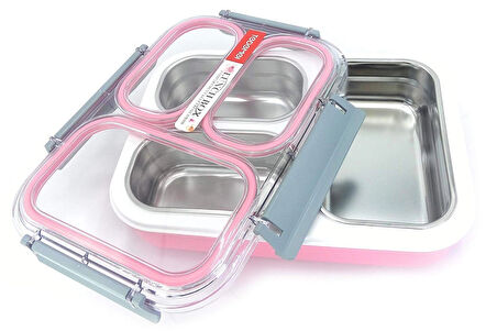 3 Bölmeli Paslanmaz Çelik Sızdırmaz Saklama Kabı Beslenme Kabı 1,2 Lt. Pembe İthal Ürün