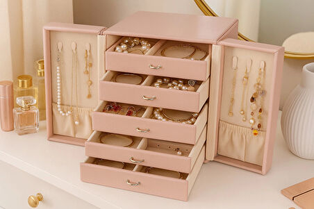 Dışı Deri İçi Kadife 5 Çekmeceli Takı Bijuteri Mücevher Kutusu Organizer Düzenleyici Pembe İthal Ürün