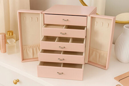 Dışı Deri İçi Kadife 5 Çekmeceli Takı Bijuteri Mücevher Kutusu Organizer Düzenleyici Pembe İthal Ürün