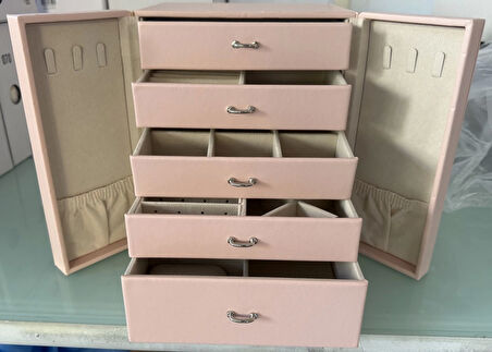 Dışı Deri İçi Kadife 5 Çekmeceli Takı Bijuteri Mücevher Kutusu Organizer Düzenleyici Pembe İthal Ürün