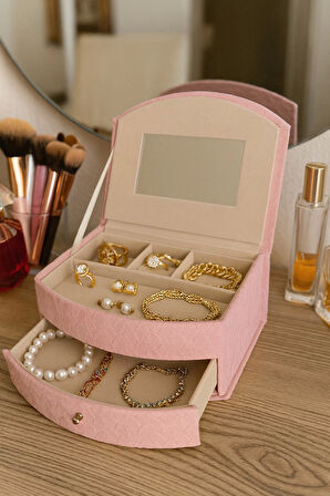 Dekoratif Kadife Takı Bijuteri Mücevher Kutusu Organizer Düzenleyici Pembe