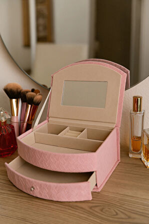 Dekoratif Kadife Takı Bijuteri Mücevher Kutusu Organizer Düzenleyici Pembe