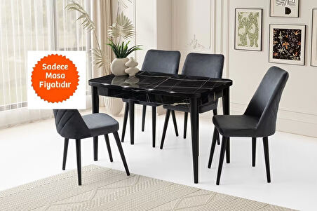 Sonata Ortadan Açılır Büyüyen Parlak Ahşap Yemek Masası Siyah Mermer Desenli 90x160cm SADECE MASA FİYATIDIR
