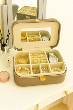 Deri Seyahat Takı Bijuteri Mücevher Kutusu Organizer Düzenleyici 20cm Bronz İthal Ürün