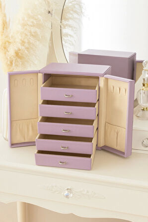 Dışı Deri İçi Kadife 5 Çekmeceli Takı Bijuteri Mücevher Kutusu Organizer Düzenleyici Lila İthal Ürün