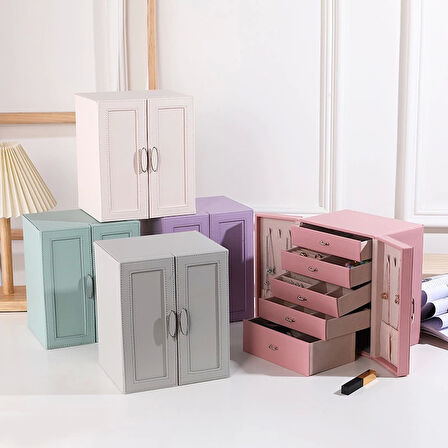 Dışı Deri İçi Kadife 5 Çekmeceli Takı Bijuteri Mücevher Kutusu Organizer Düzenleyici Lila İthal Ürün