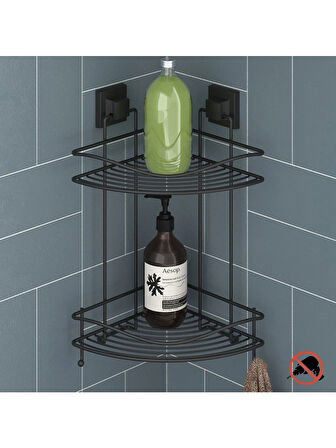 Banyo Köşe Rafı Kendinden Yapışkanlı 2 Katlı Kancalı Easyfix Siyah