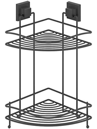 Banyo Köşe Rafı Kendinden Yapışkanlı 2 Katlı Kancalı Easyfix Siyah